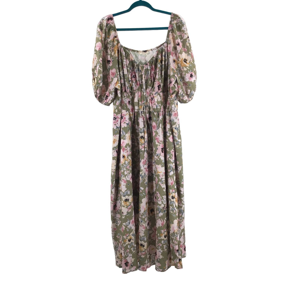 BLOOMCHIC 22-24 3X plus green floral square neck puff sleeve midi dress NWT B79
